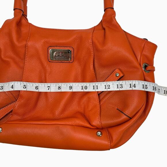 Isaac Mizrahi Leather Handbag Orange Satchel Zip Close Handles Inner Pockets - Picture 12 of 14